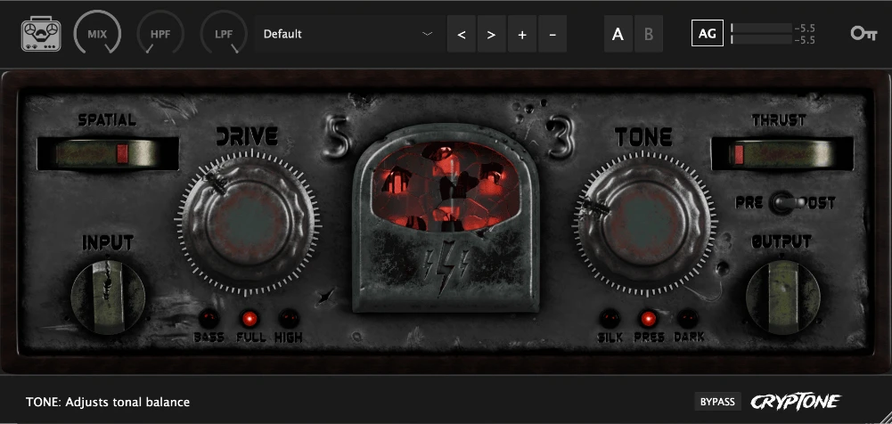 Cryptone plugin interface — dark crypt faceplate with Drive and Tone knobs and glowing red skull window