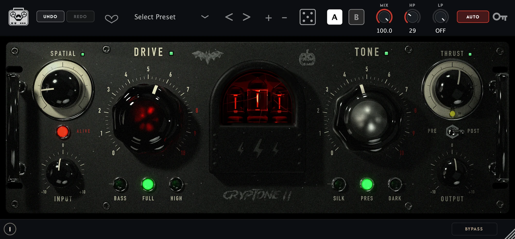 Cryptone 2 plugin interface — dark faceplate with large Drive and Tone knobs and red valves glowing behind cracked glass